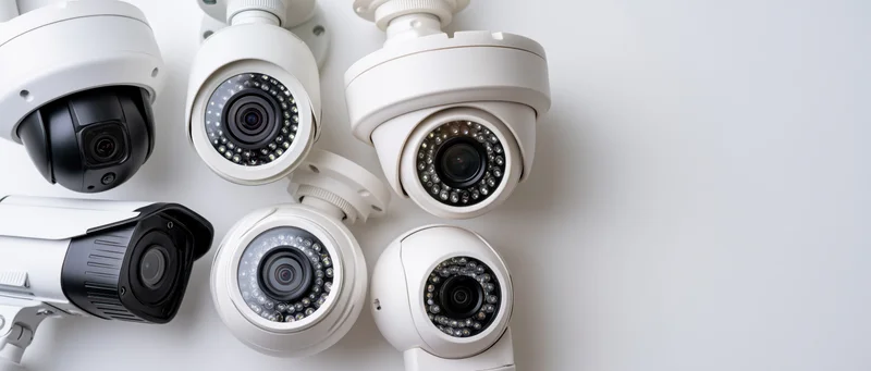 Multiple security cameras arranged on a white surface