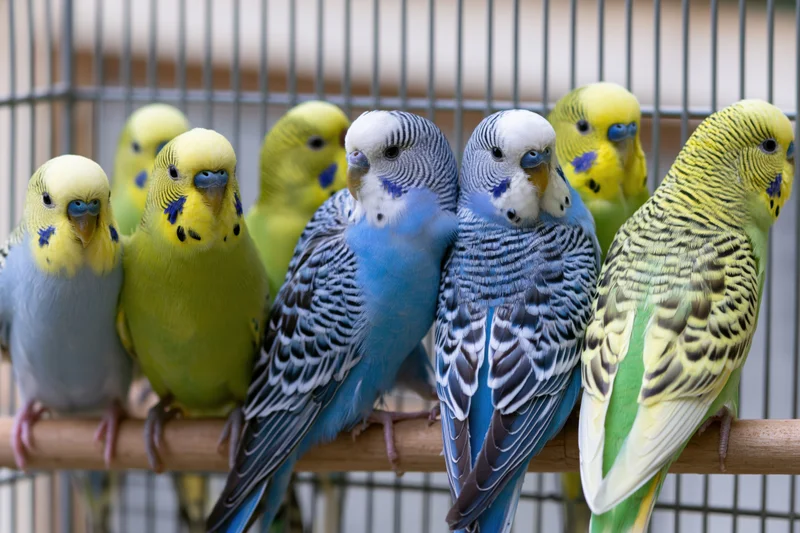 Seven budgerigars perched closely together on a wooden branch inside a cage