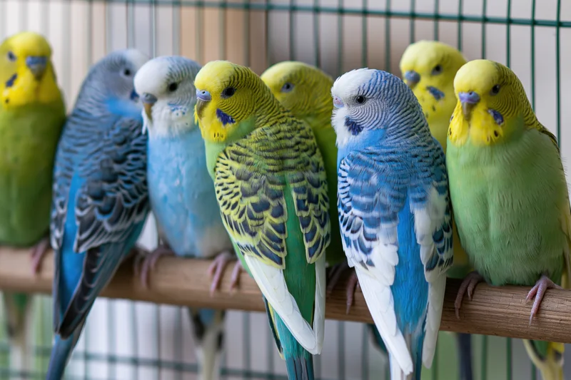 Seven budgerigars perched closely together on a wooden branch inside a cage