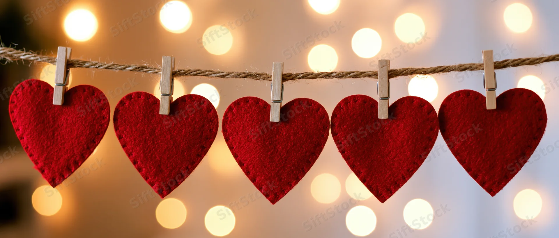 Red felt hearts clipped on a string with wooden clothespins against a glowing bokeh background