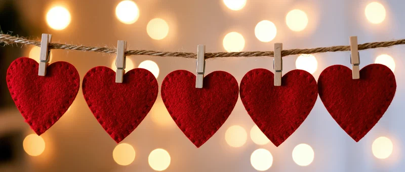 Red felt hearts clipped on a string with wooden clothespins against a glowing bokeh background