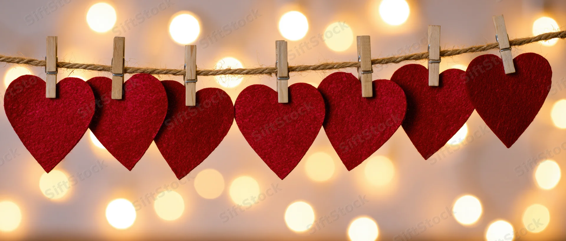 Red felt hearts clipped on a string with wooden clothespins against warm bokeh lights