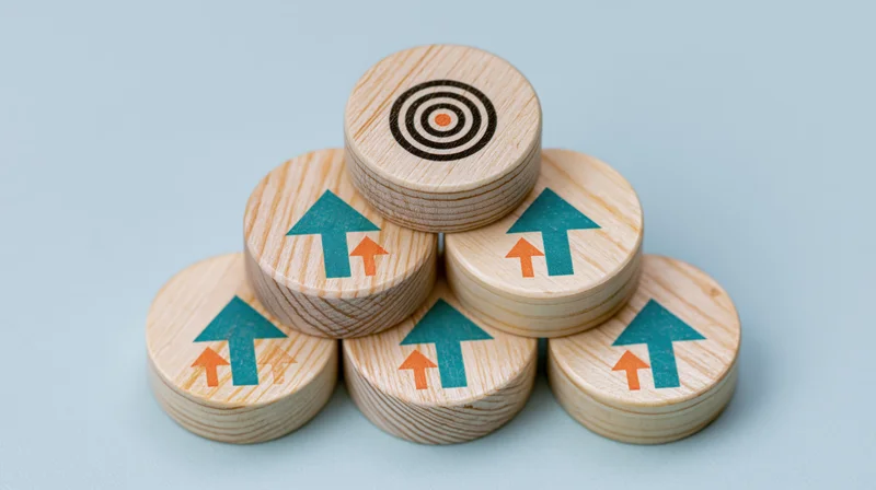 Wooden discs with arrows arranged in pyramid shape pointing toward target at top