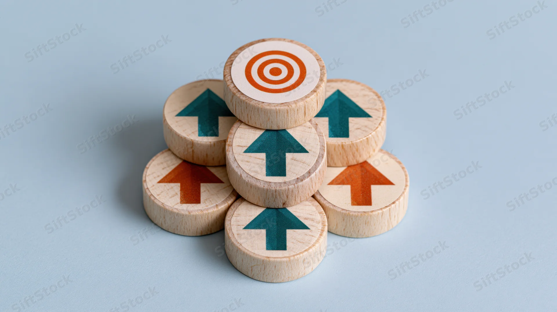 Wooden discs with arrows stacked in pyramid formation on light blue surface