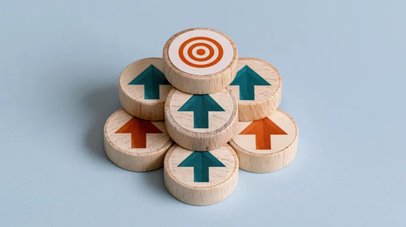Wooden discs with arrows stacked in pyramid formation on light blue surface