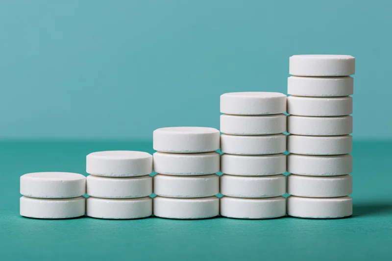 Stacks of white round pharmaceutical tablets arranged in ascending order on teal surface