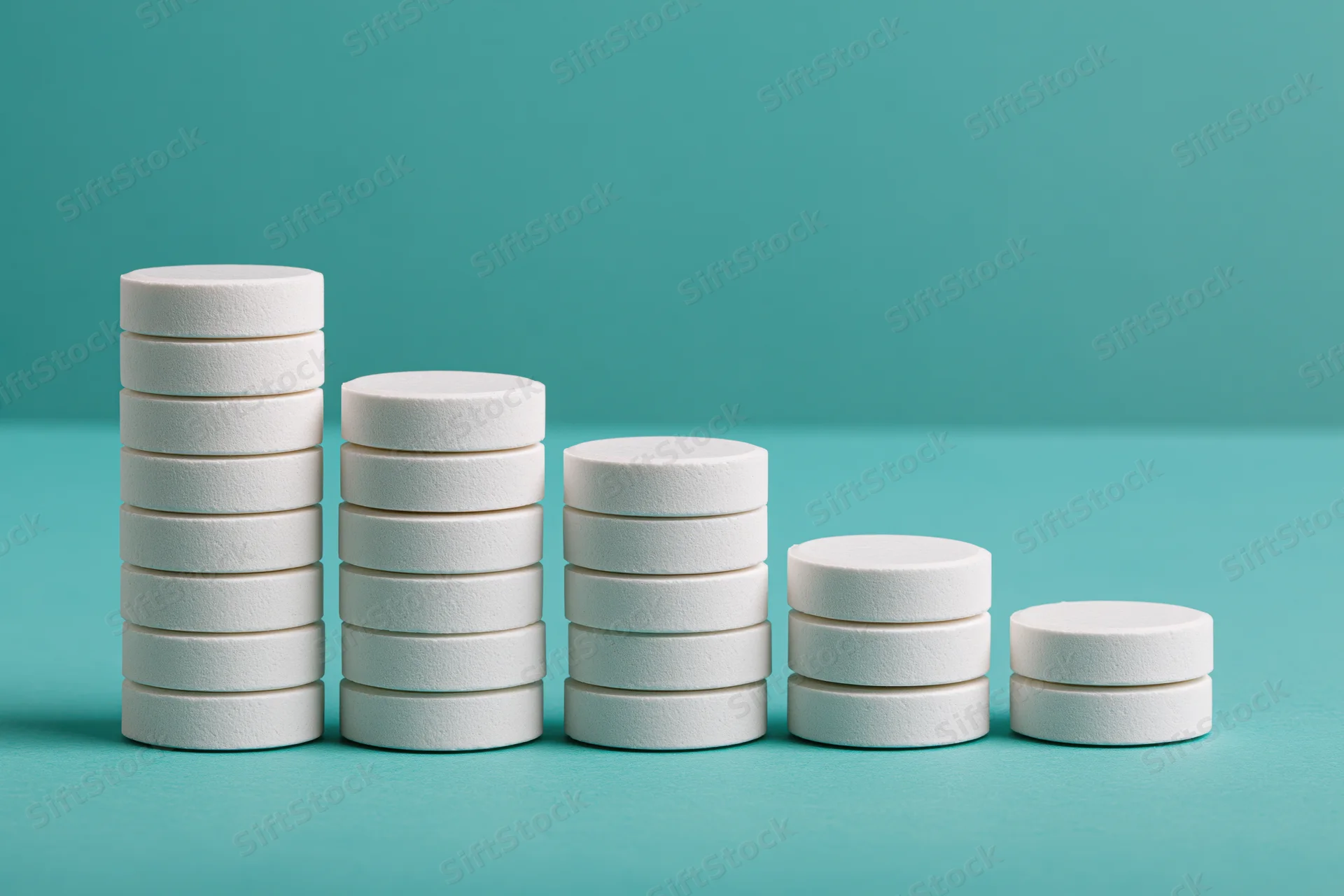 Stacks of white round pharmaceutical tablets arranged in descending order on a teal surface
