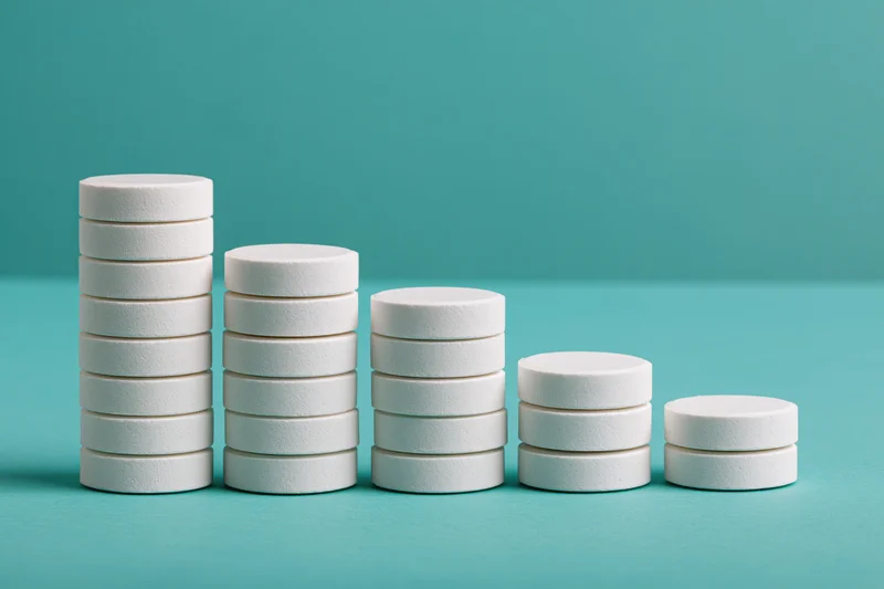 Stacks of white round pharmaceutical tablets arranged in descending order on a teal surface
