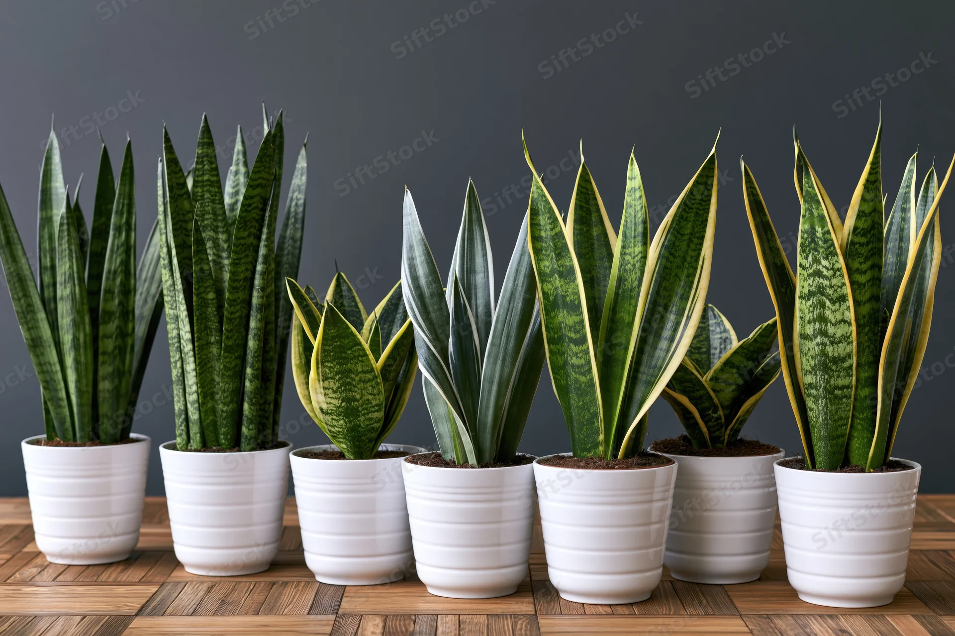 Seven sansevieria plants in white ceramic pots arranged in a row on a wooden surface