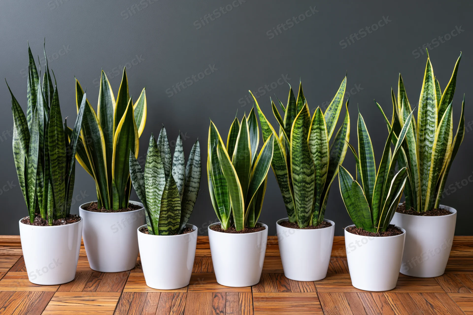 Seven sansevieria plants in white ceramic pots arranged in a row on a wooden floor against a dark gray wall