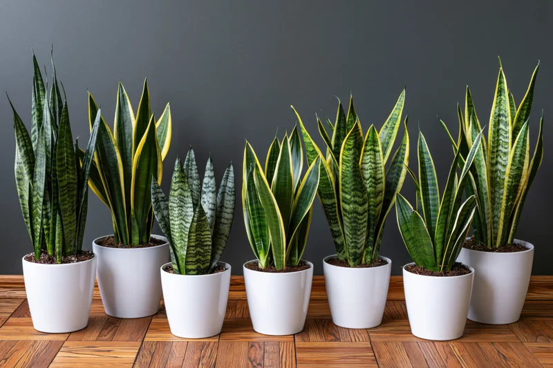 Seven sansevieria plants in white ceramic pots arranged in a row on a wooden floor against a dark gray wall