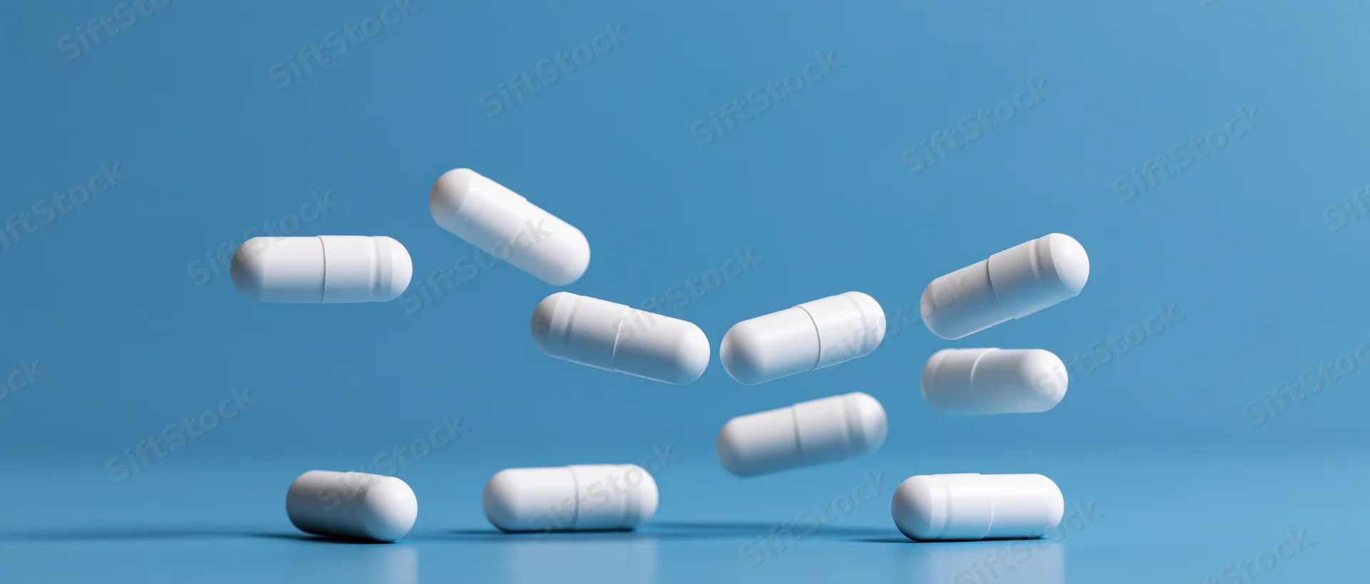 White medical capsules floating and resting on a blue surface