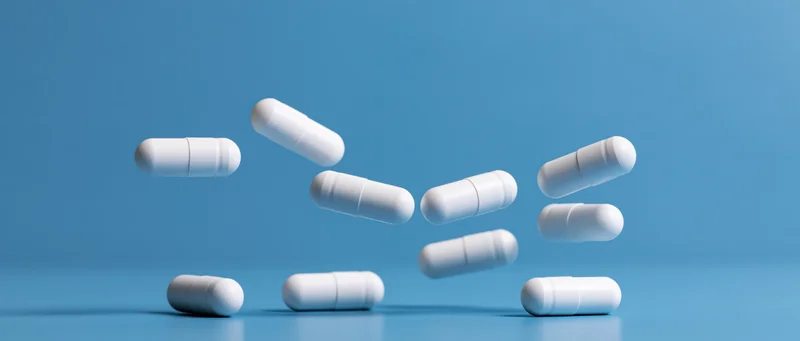 White medical capsules floating and resting on a blue surface