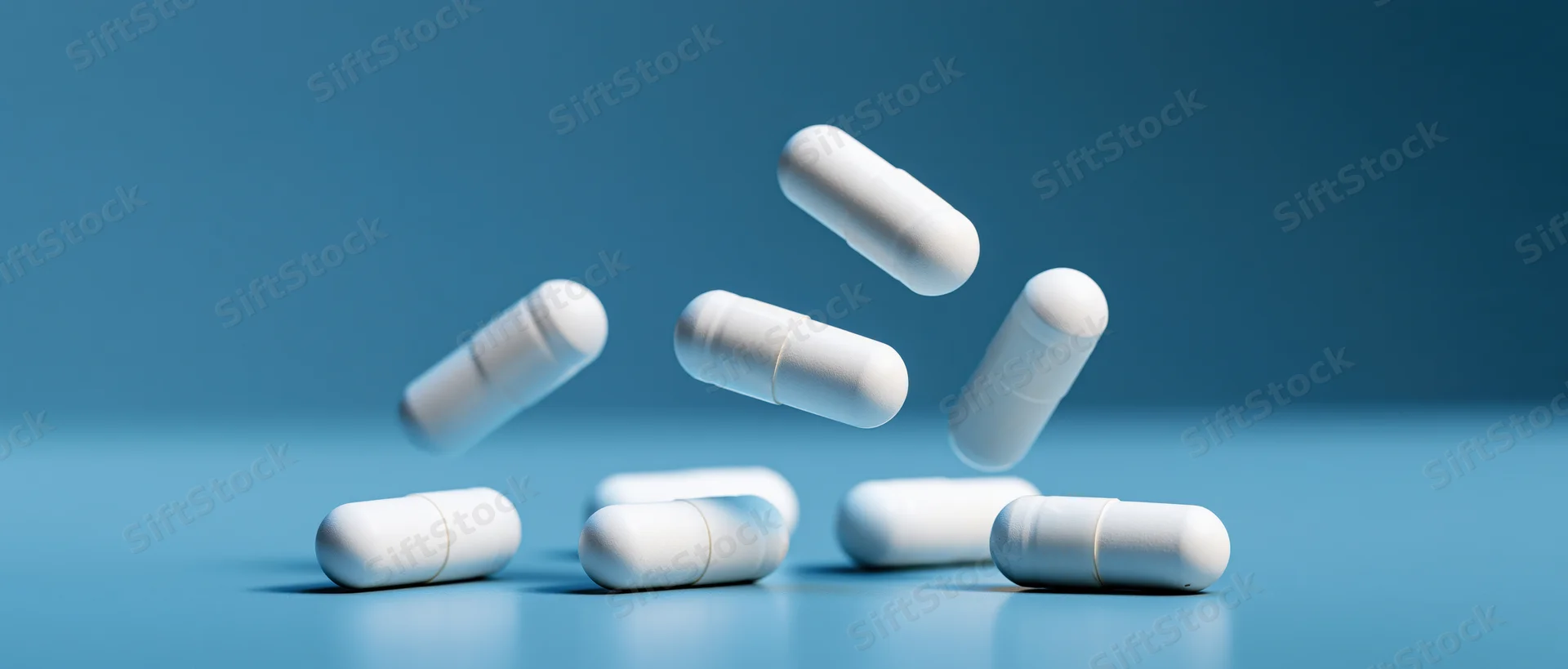 White medical capsules falling and resting on a blue surface