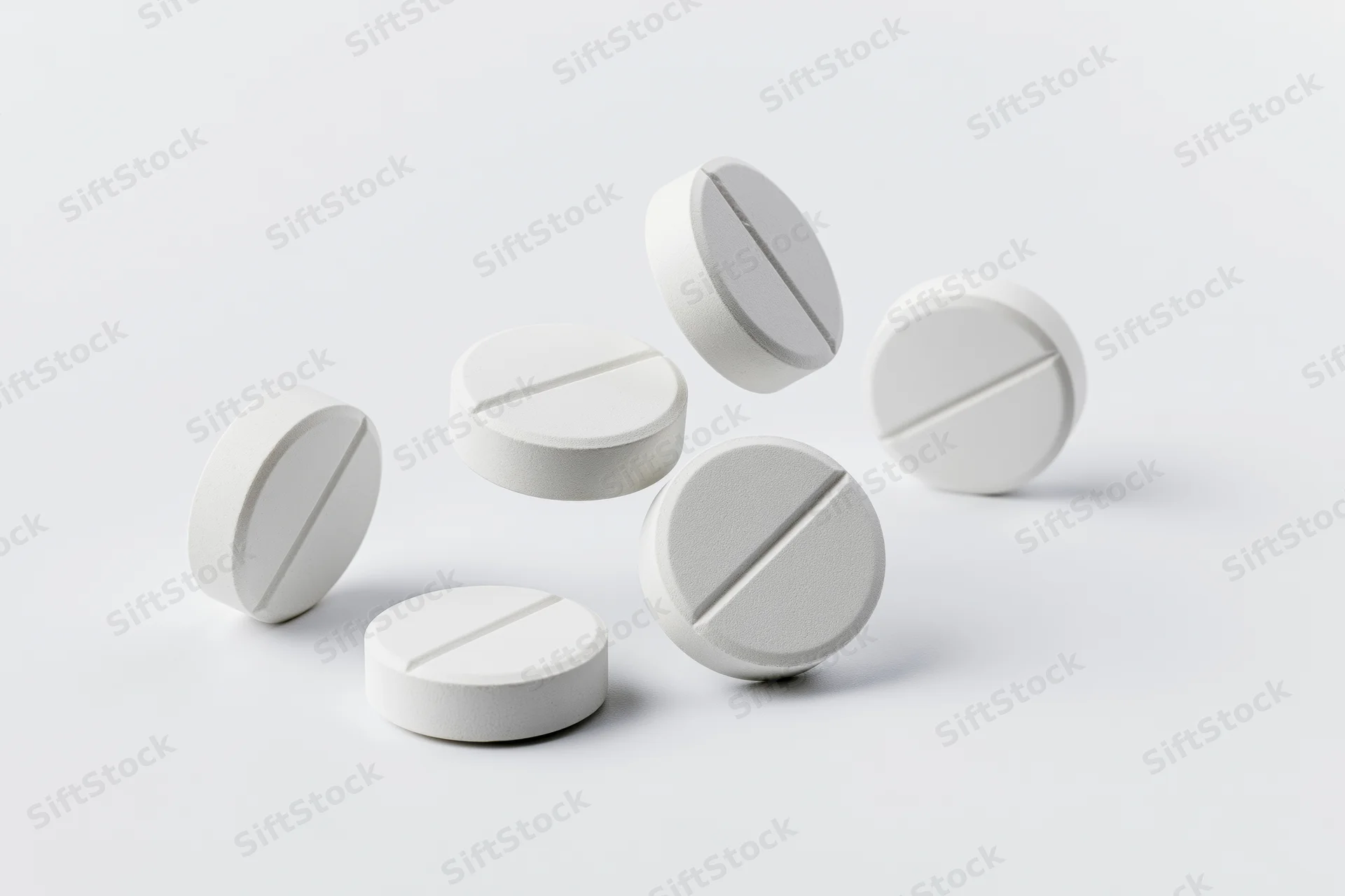 White round pharmaceutical tablets scattered mid-fall against a plain white background