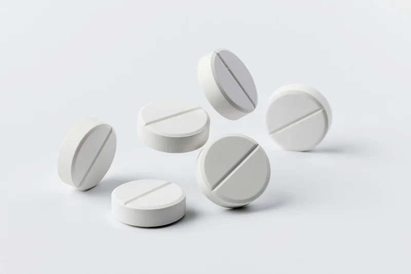 White round pharmaceutical tablets scattered mid-fall against a plain white background