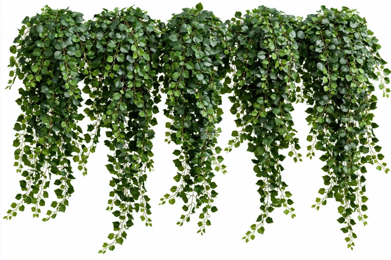 Cascading artificial ivy vines with small round leaves hanging against white background