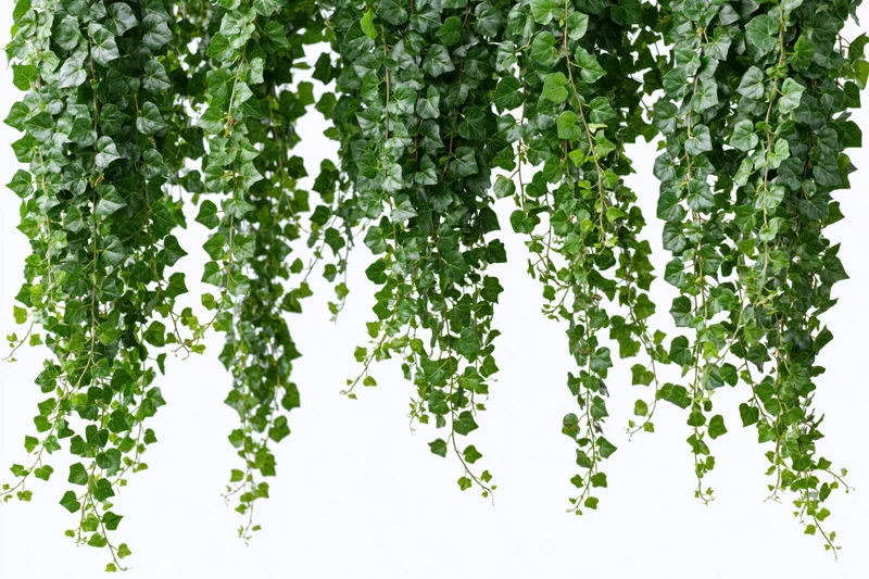 Cascading ivy vines with small round leaves hanging against white background