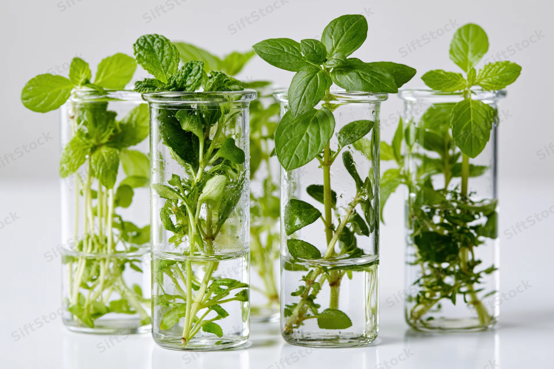 Fresh green herbs growing in water-filled glass test tubes on a white surface