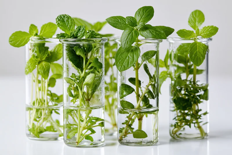Fresh green herbs growing in water-filled glass test tubes on a white surface