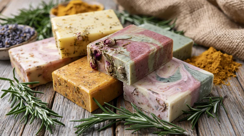 Handmade soap bars with herbs and spices arranged on a rustic wooden table