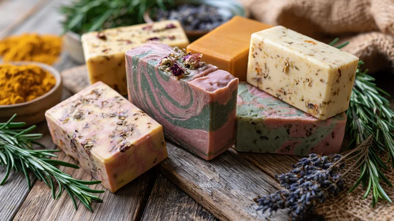 Handmade soap bars arranged on a wooden board with herbs and spices
