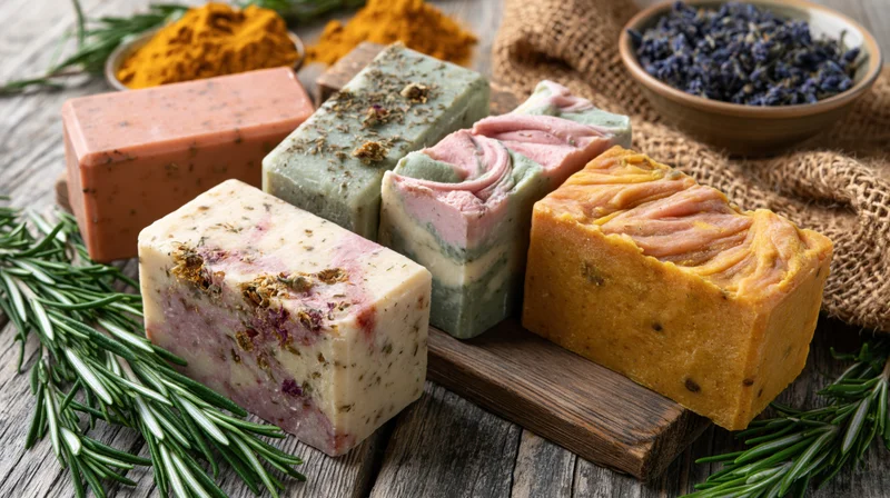 Colorful handmade soap bars arranged on a wooden board with herbs and spices around