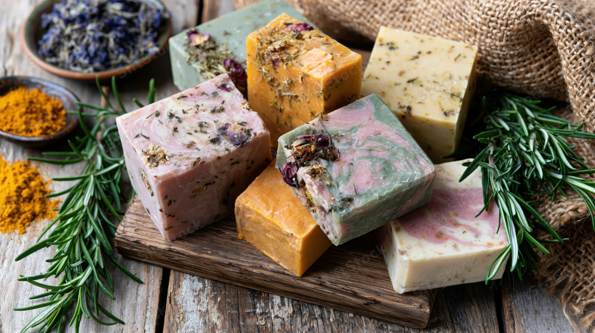 Handmade soap bars arranged on a wooden board with herbs and spices