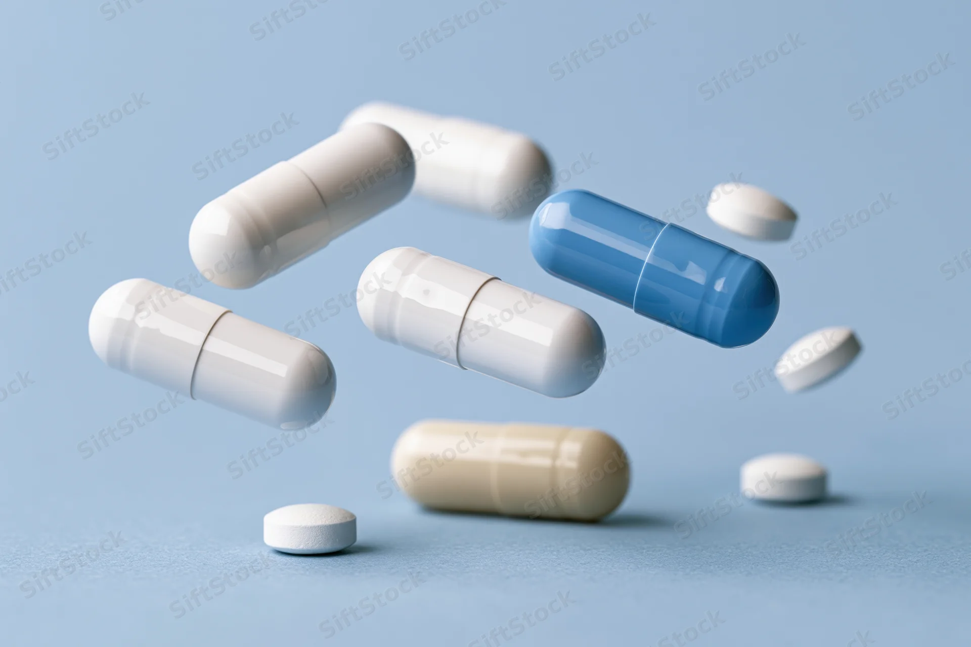 Floating pharmaceutical capsules and pills suspended in midair against a light blue background