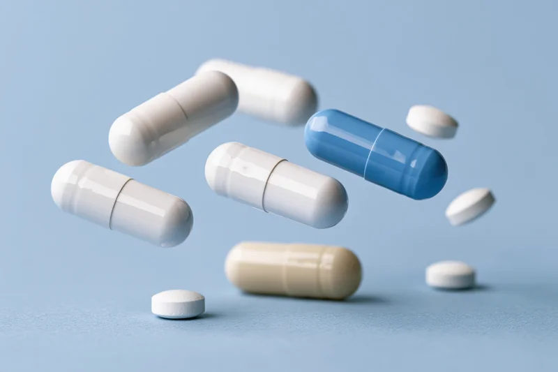 Floating pharmaceutical capsules and pills suspended in midair against a light blue background