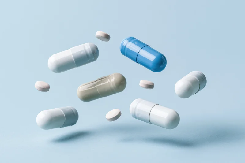 Floating pharmaceutical capsules and pills suspended in light blue studio space