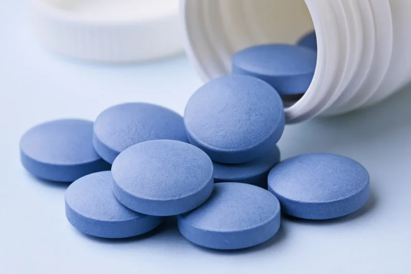 Blue pharmaceutical tablets spilled from a white bottle onto a light surface