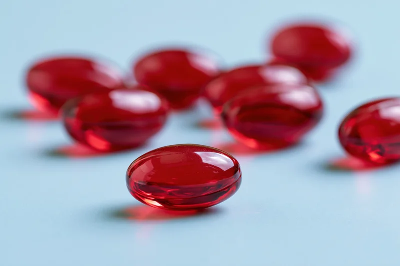 Translucent red gel capsules scattered on a light blue surface