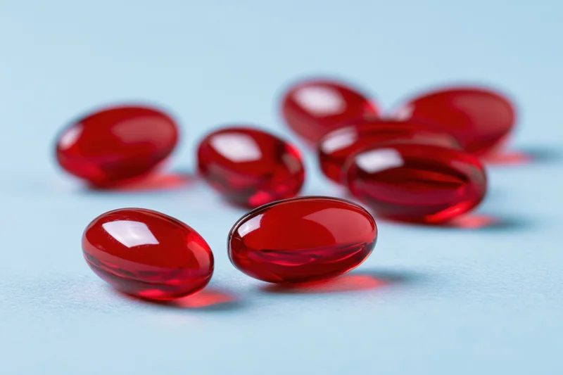 Translucent red gel capsules scattered on a light blue surface