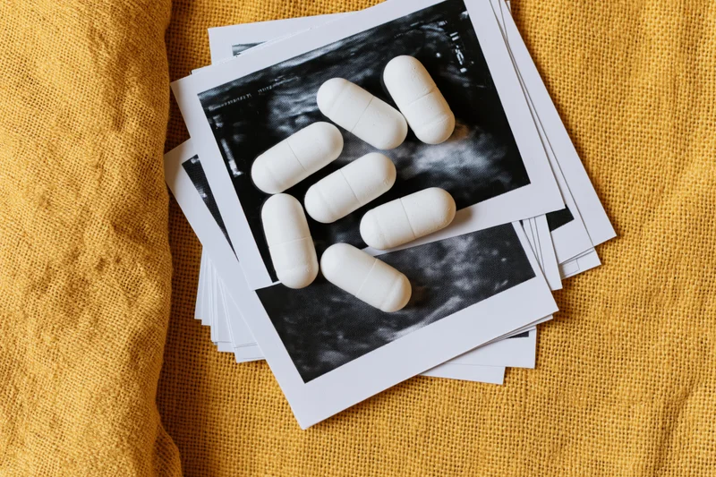White supplement capsules scattered on top of ultrasound images of pregnancy on a yellow fabric surface
