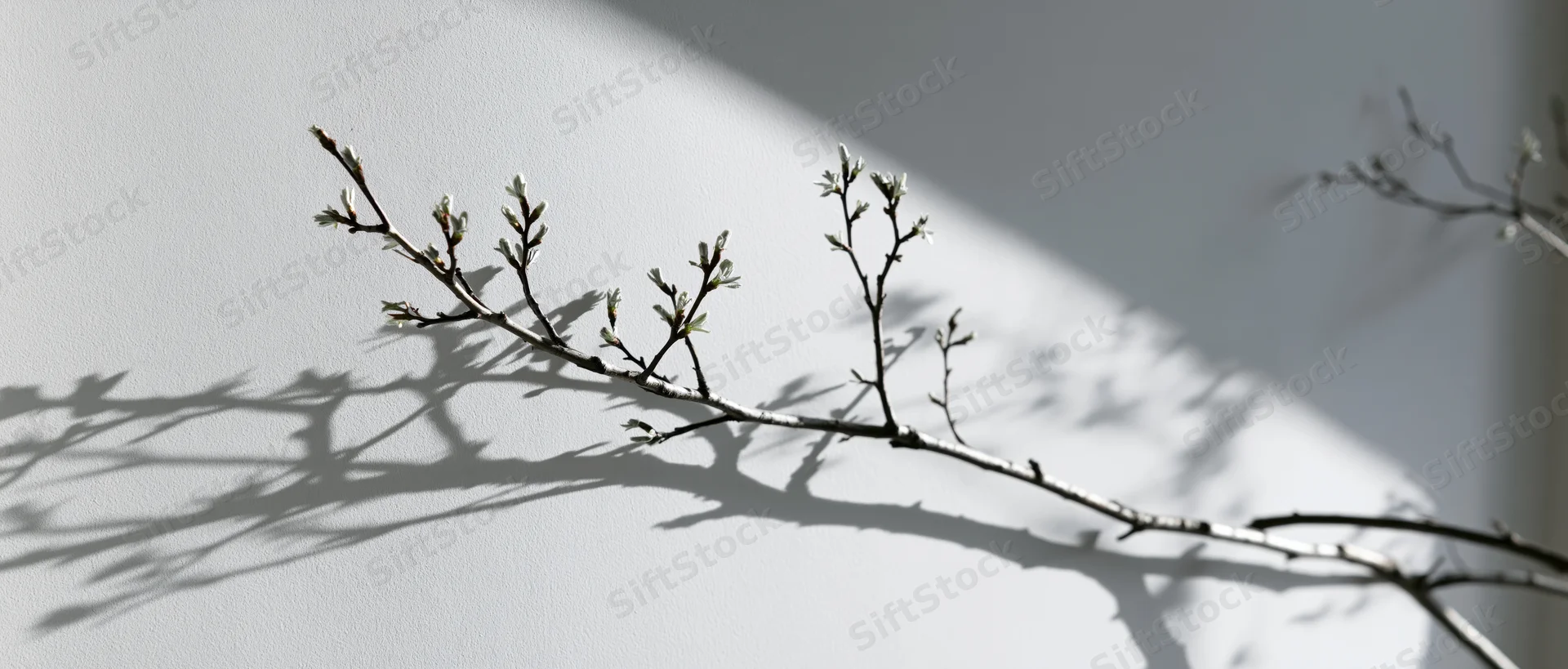 Bare tree branch with small buds casting shadow on white wall