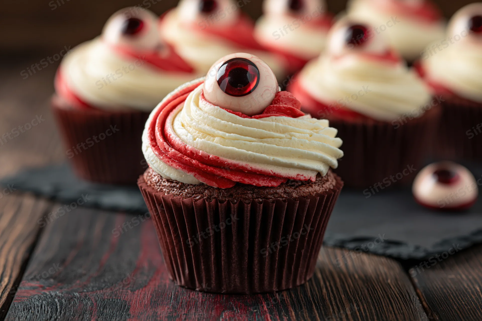 Chocolate cupcake with swirled white and red frosting topped with a candy eye on a dark wooden table