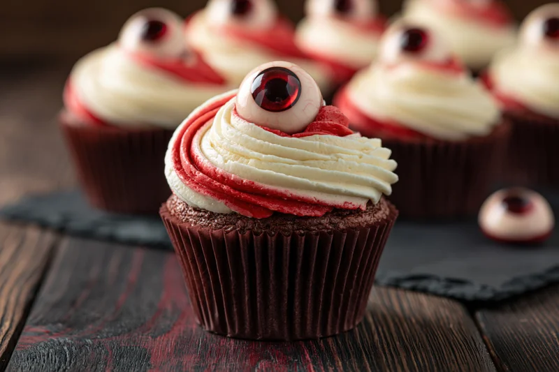 Chocolate cupcake with swirled white and red frosting topped with a candy eye on a dark wooden table