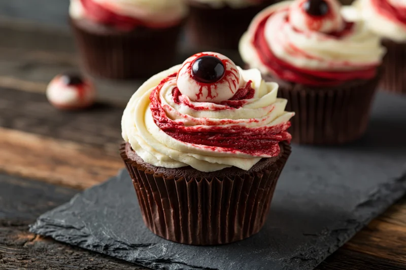 Chocolate cupcake with white and red frosting and candy eye topping on slate board