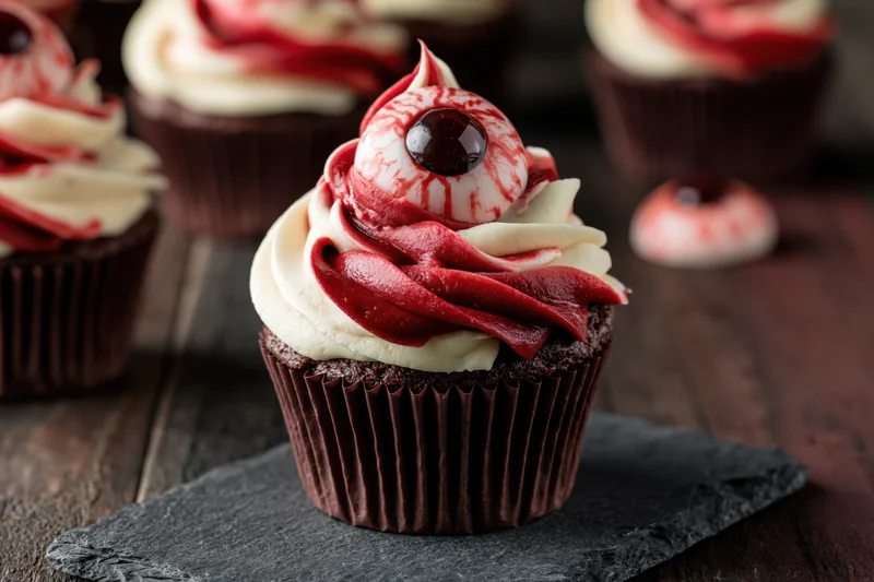 Chocolate cupcake with swirled white and red frosting and a candy eye on a slate plate on a wooden table