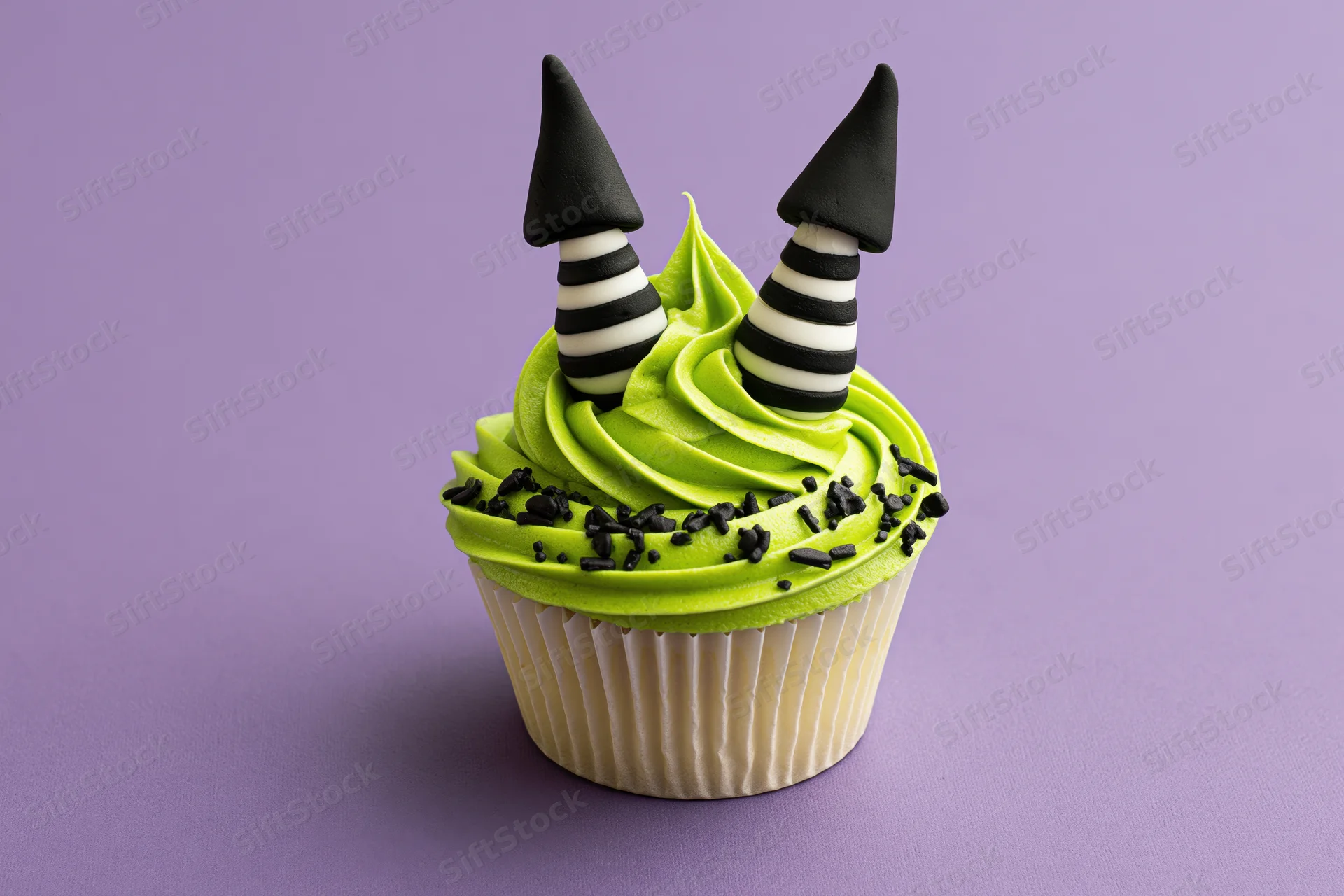 Halloween cupcake with green frosting and witch hat decorations on purple background