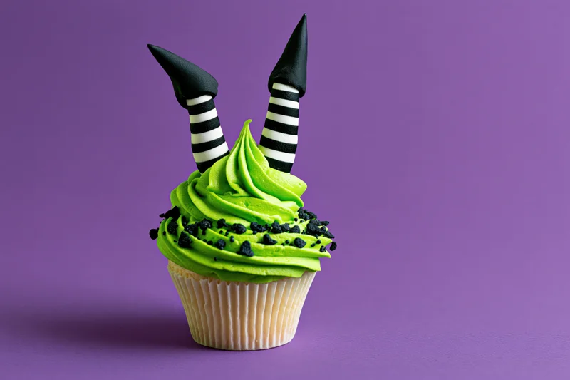 Halloween cupcake with green frosting and witch legs decoration on purple background
