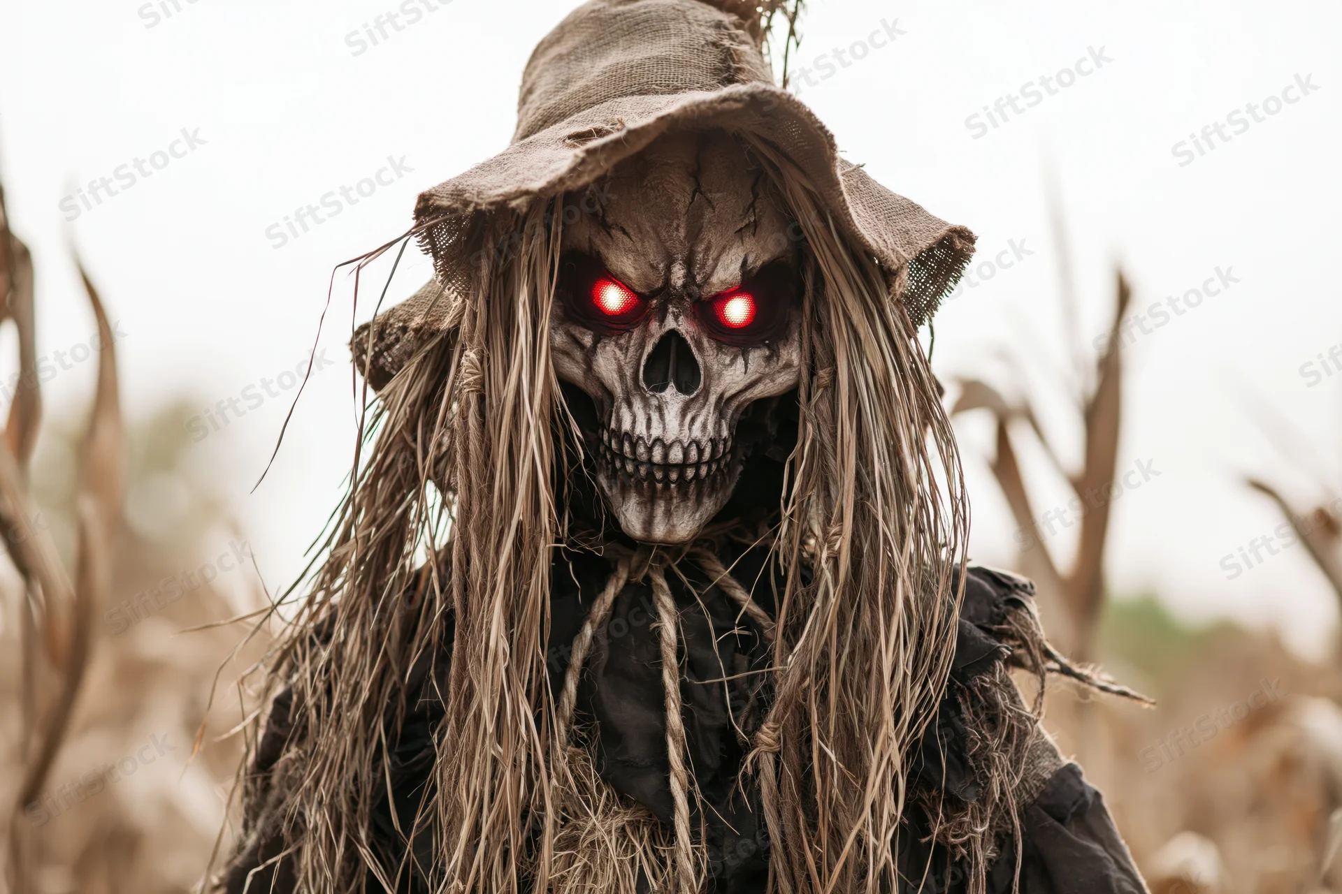 Scarecrow with skull mask and glowing red eyes in a dried cornfield
