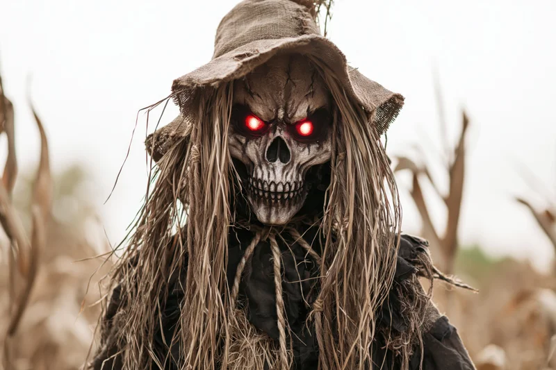 Scarecrow with skull mask and glowing red eyes in a dried cornfield