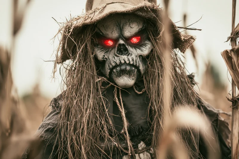 Scarecrow with skull mask and glowing red eyes in a cornfield
