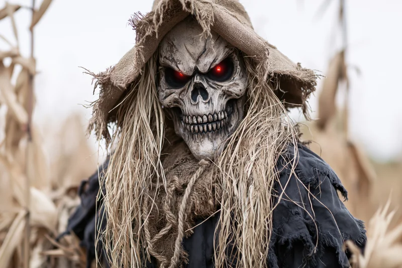 Scarecrow with skull mask and red eyes in a cornfield