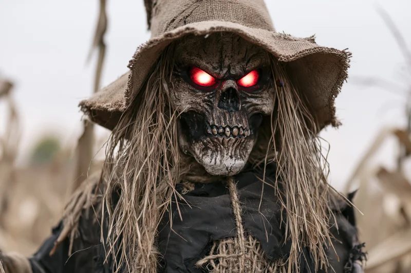 Scarecrow with skull mask and glowing red eyes in a field