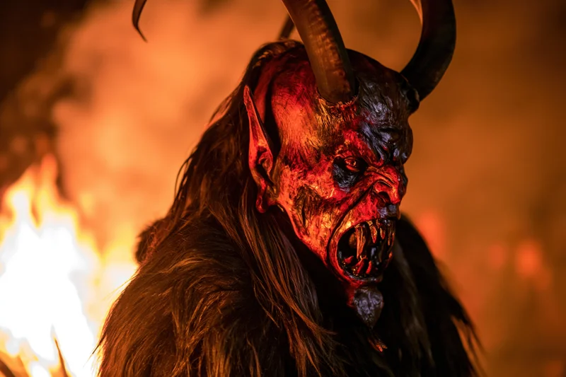 Krampus performer in carved wooden demon mask with horns and fangs, wearing fur costume, standing near fire at night