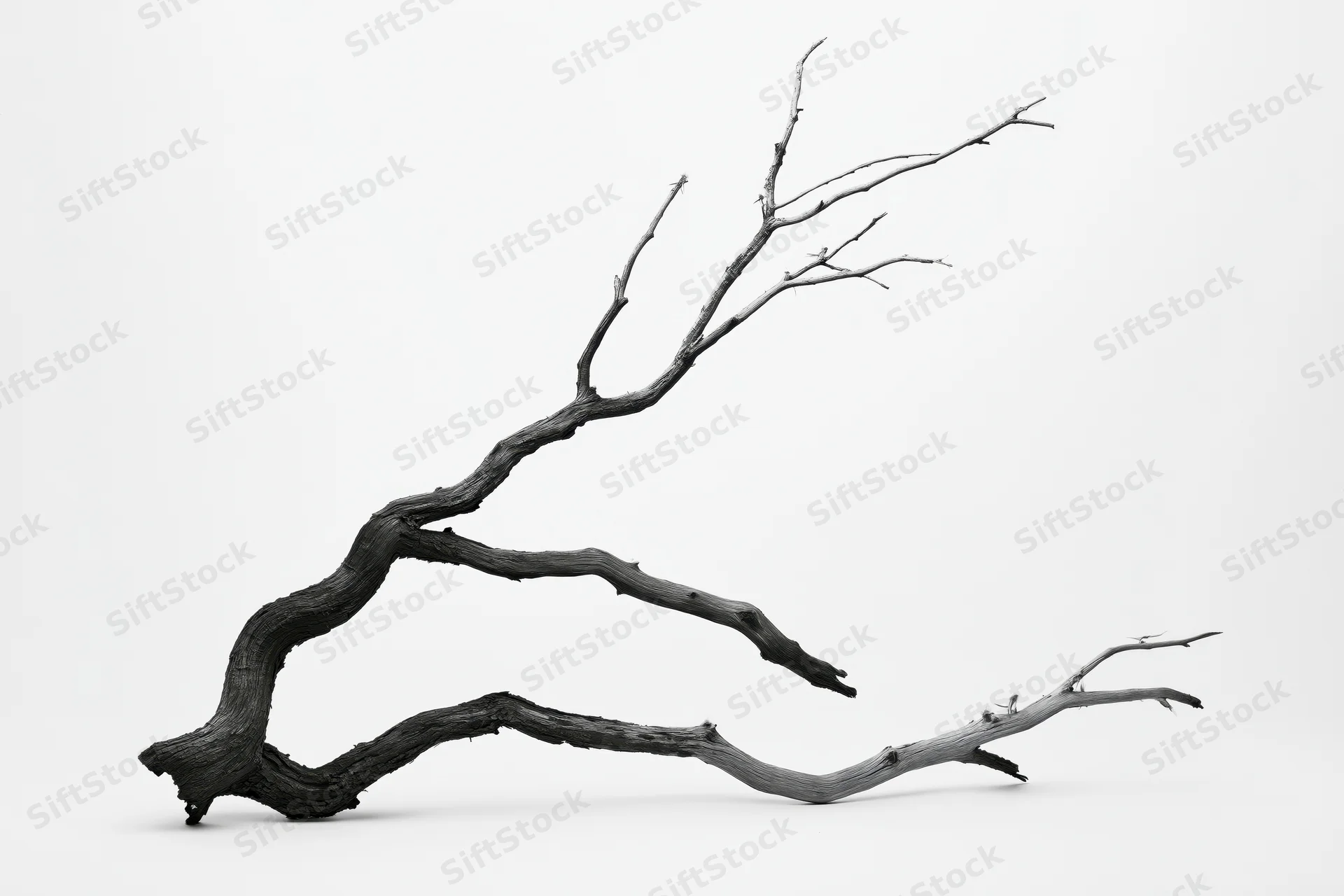 Dead tree branch with gnarled twisted trunk lying horizontally on white background