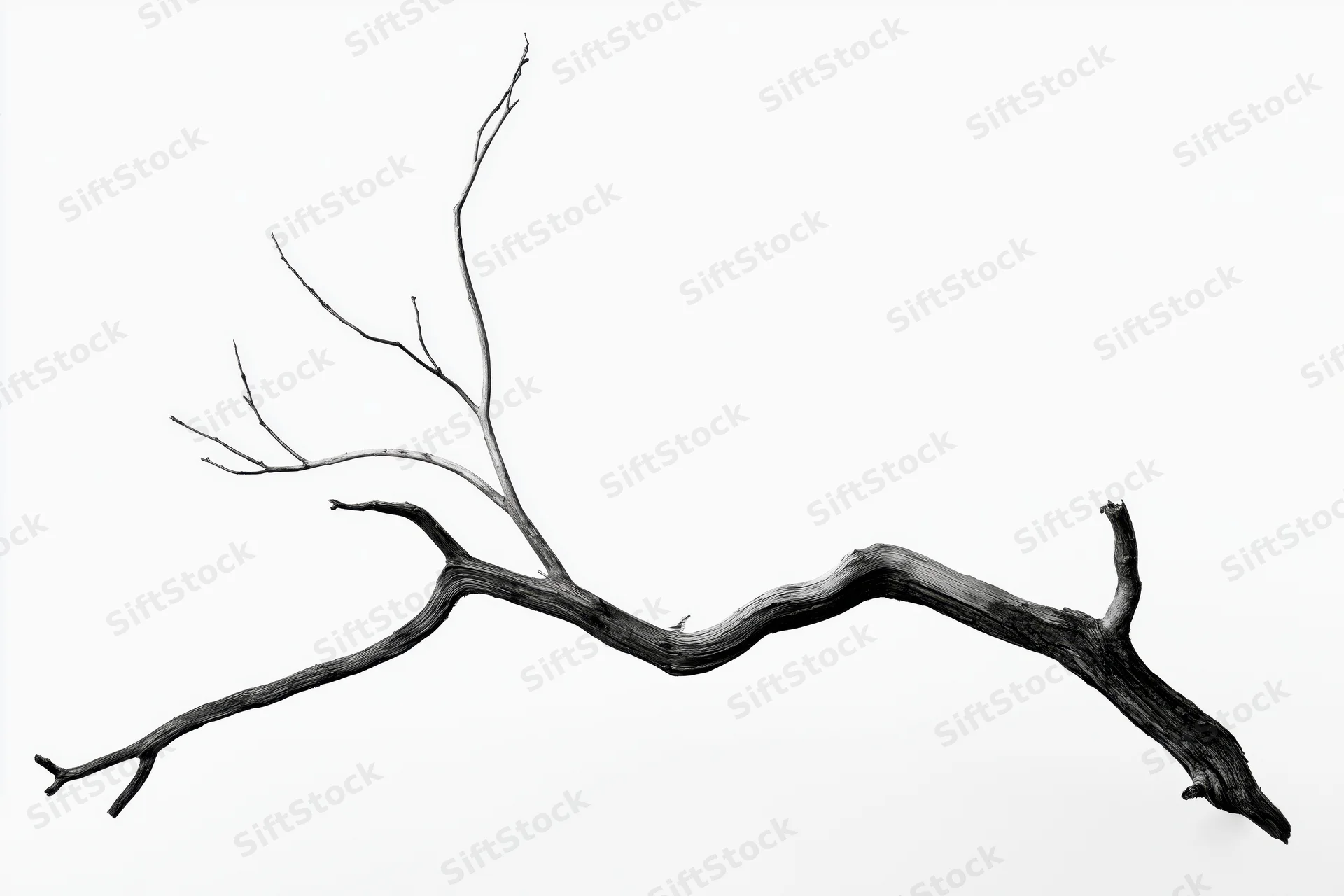 Dead tree branch with gnarled twisted trunk lying horizontally on white background